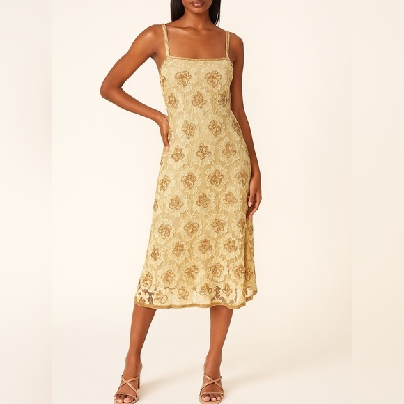 Vintage Dresses & Skirts - NWT Channa Deadstock Sequin Floral Lace Midi A Line Dress Gold Hand Crafted Sz M